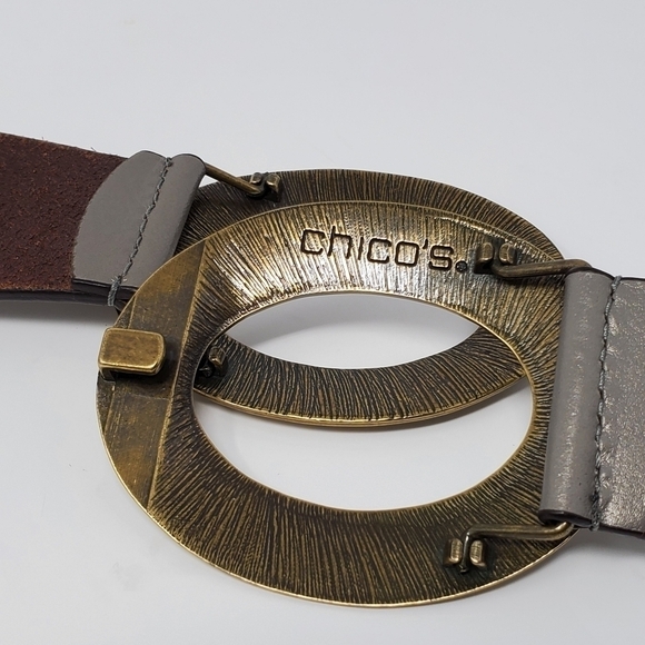 CHICOS ADJUSTABLE METALLIC WIDE LEATHER BELT DOUBLE HAMMERED METAL BUCKLE WOMEN - Picture 10 of 12